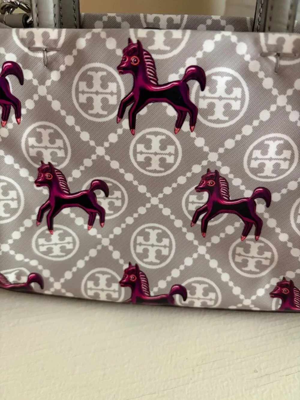 Tory Burch Mini Ella Horse Tote Crossbody Gray & Magenta